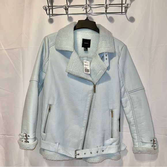 Forever 21 Jackets & Blazers - Forever 21 Baby Blue Faux leather shearling sherpa aviator biker jacket